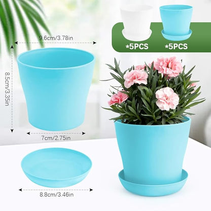 4 inch Plant Pots 10 pcs Flower Pots for Indoor Plants Pots small Succulent Pots with Drainage Plastic Mini Flower Pots Herb Garden Planter Indoor Herb Plants Nursery Pots for Plants white & blue