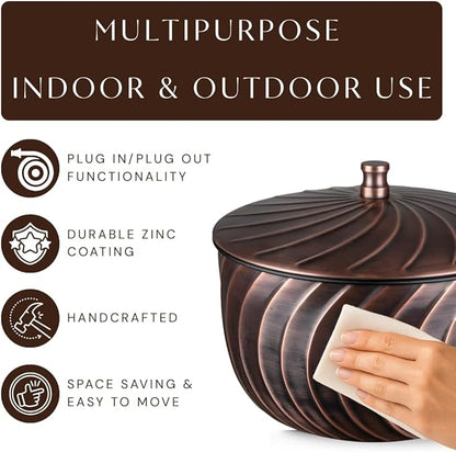 Monarch Abode Garden Hose Holder with Lid – Decorative Water Hose Holders for Outside, Wave Embossed Metal Antique Copper Pot with Drainage, 100ft Waterhose Holder for Outside, Garden Storage Caddy