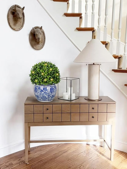 DILATATA Artificial Topiary Boxwood Ball in Blue and White Ceramic Pot, Lighted Artificial Boxwood in Planters 10 Inch Decorative Fake Greenery for Table Centerpiece Indoor Plant Home Decor - Medium