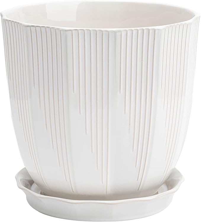 ADN 10 Inch Ceramic Planter Pot with Drainage Hole and Saucer,Large Round Plant pots for Indoor Outdoor Plants,Modern Flower pots, White