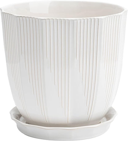 ADN 10 Inch Ceramic Planter Pot with Drainage Hole and Saucer,Large Round Plant pots for Indoor Outdoor Plants,Modern Flower pots, White