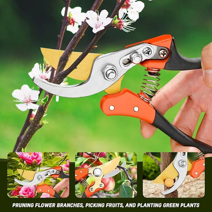 Garden Shears, Sharp Japanese SK5 Steel Blade Effortlessly Prunes 1/4" Branches, Hand Pruners Heavy Duty Professional Bypass, Garden Scissors & Flower Trimmers (golden)