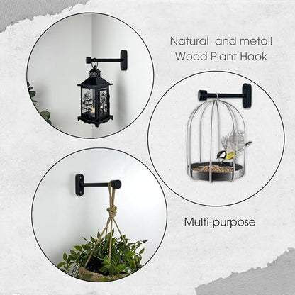 EvenWood 2-Piece Set of Wooden Plant Hooks for Wall with Sturdy Metal Tube - Plant Wall Hanger for Pots, Flower Brackets - Bracket Plant Hanger for Indoor and Outdoor Decorations (Black, 8 Inch)