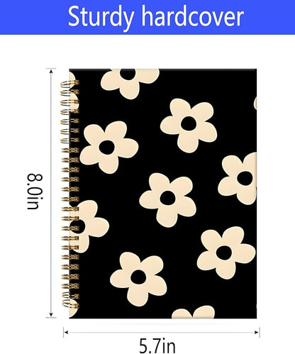 Spiral Journal Notebook,A5 Hardcover Lined Journals for Women Girl 6 x 8.3 in,120 Pages Thick Paper,Cute College Ruled Writing Notebook for Gifts Office Work School(Cute Black Flower)