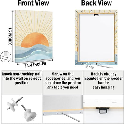 Boho Sun Ray Framed Canvas Wall Art Decor Set of 3, Neutral Geometric Sun Rising on the Sea Painting Artworks for Wall, Minimalist Art Picture for Home Living Room Bathroom Office, 11.4"x15"
