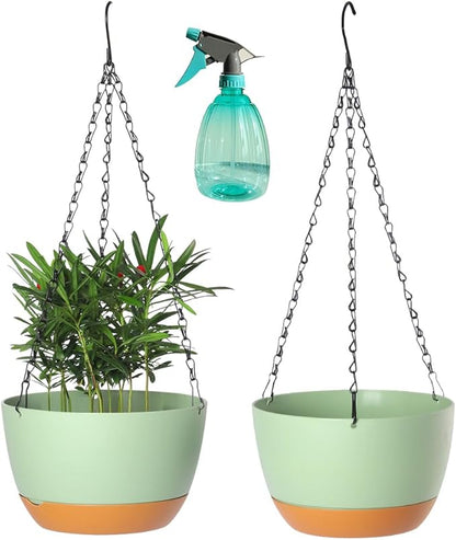 Lookat 2 Pack Plastic Hanging Planters 10 Inch Hanging Pots with Drainage Hole for Indoor Outdoor Plants, Round Hanging Basket with Removable Tray for Home Garden Porch Balcony Patio Decor