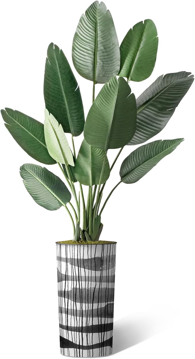 Artificial Tree in Black and White Vertical Stripe Planter, Fake Bird of Paradise Silk Tree for Indoor and Outdoor Home Decoration - 67" Overall Tall (Plant Pot Plus Tree)