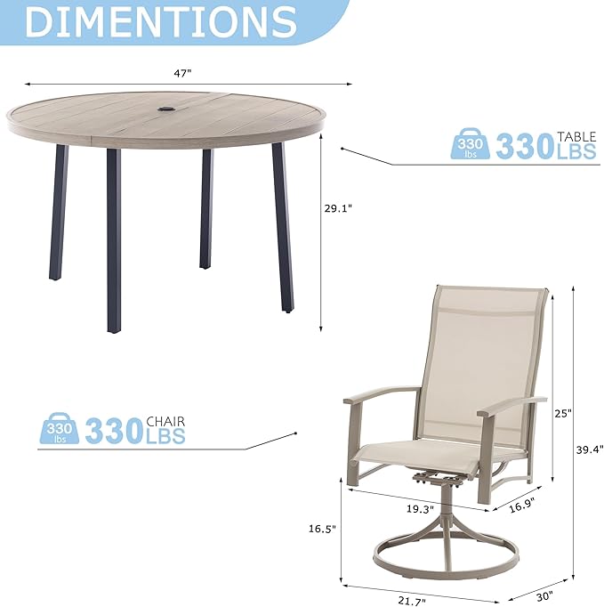 7 Piece Outdoor Dining Set, 47" Honey Oak Round Outdoor Dining Table with 6 Ivory Beige Swivel Patio Table and Chair Set of 6 for Lawn, Garden, or Porch