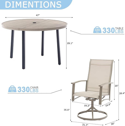 7 Piece Outdoor Dining Set, 47" Honey Oak Round Outdoor Dining Table with 6 Ivory Beige Swivel Patio Table and Chair Set of 6 for Lawn, Garden, or Porch