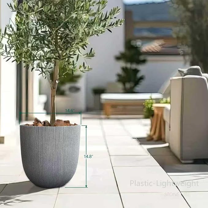 14.8" Tall Round Plastic Planter for Indoor Outdoor Plants, Large Indoor Outdoor Plant Pots with Drainage Hole and Plug, Flower Pots for Plants, Modern Decorative Planter Pots for Home Garden Patio