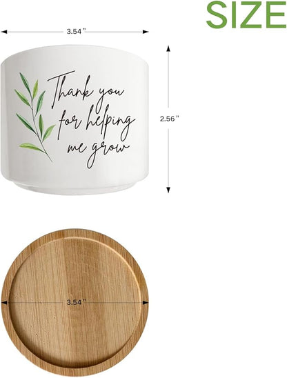Thank You for Helping Me Grow Succulent Cactus Planter Pots with Bamboo Tray, Office Kitchen Home Windowsill Indoor Tabletop Decor, Gift for Friends Mom Teachers Plant Lovers