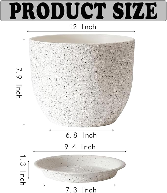 2Pack Large Indoor Planter Pot 12 Inch Plant Pot, Modern Flower Pots for Out Door Plants, Speckled White Plastic Planting Pots with Holes & Trays