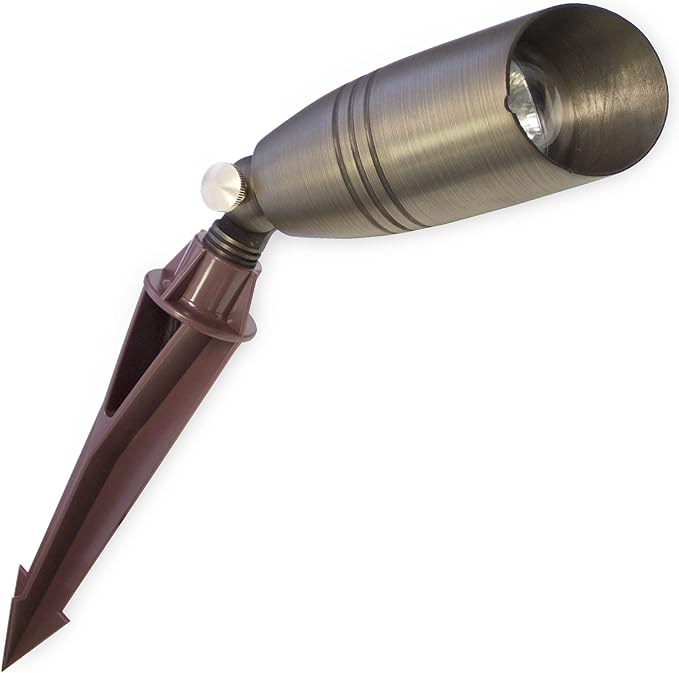 Light to Form® | Luxury Brass Low-Voltage Landscape Staked Spot Light | 12V Input | 2700K CCT | 3W LED with GU5.3 Base | Antique Brass Finish | Convex Glass Lens | Outdoor Graded | Bulb Included