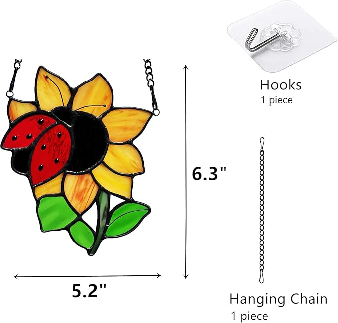 Ladybug Sunflower Stained Glass Window Hangings Suncatcher, Tiffany Style Stained Glass Ladybug Sun Flower Ornament Decor Gifts for Women Mom, Wedding Birthday Christmas Celebration Gifts.
