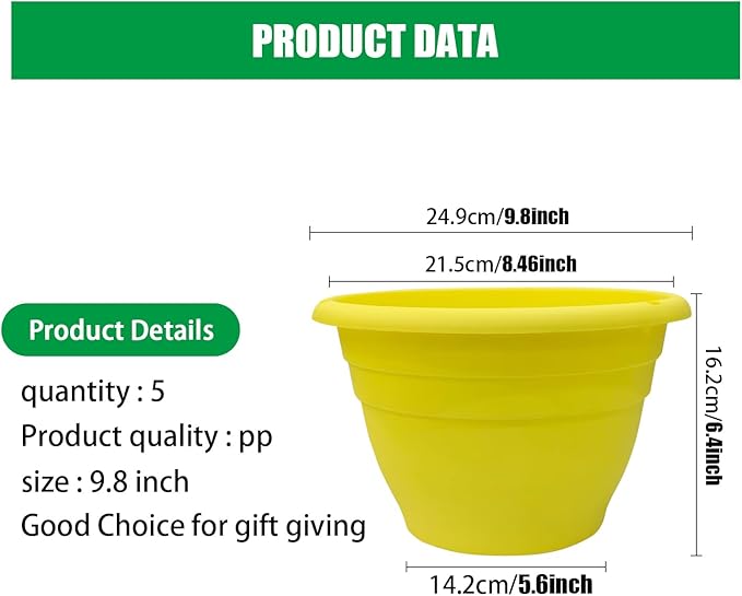 Plant Pots Set of 5 for Indoor & Outdoor Plants,10 Inch Lightweight Plastic Planters with Drainage Holes,Flower Pots for Healthy Root Growth(Yellow)