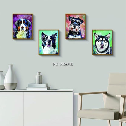 NIIORE Watercolor Dog Wall Art Canvas, Modern Pet Printing, Bernese Mountain Dog, Schnauzer, Border Collie, Husky Prints, Set of 4, 8x10 Inches Unframed
