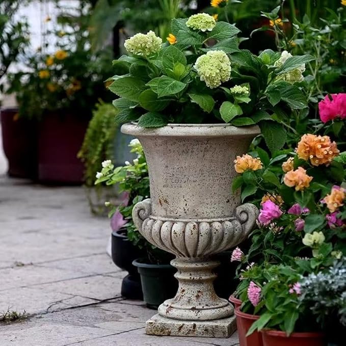 VISIBLE Vintage European Giant Garden Urn Planter, Decorative Cement and Fiber Flower Pot, Make Rust Finished, Wrap Foam Safely Delivered from Local Warehouse (Antiqued, Medium)