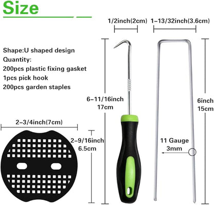 Bakulyor 200Pcs Landscape Staples + 200Pcs Gasket, 6 Inch Garden Stakes Staples 11 Gauge U Shaped Galvanized Lawn Landscape Pins, Heavy Duty Yard Ground Pin for Weed Barrier Sod Fabric Decorations
