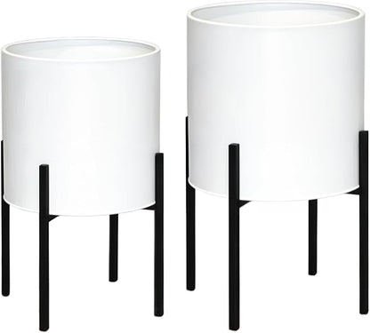 ARNIS Modern Plant Pots, Large Planters with Stand, Set of 2 Decorative Planters, Metal Pots with Drainage Holes for Living Room, Office, Garden or Balcony, 10.5 &12.25 Inch, White