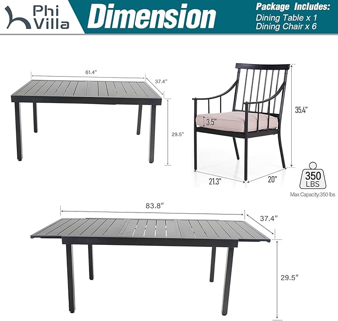 PHI VILLA 7 Piece Large Outdoor Dining Table Set, Expandable Rectangular Metal Dining Table & Cushioned Iron Chairs for Patio, Deck, Yard