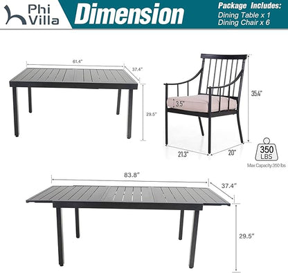 PHI VILLA 7 Piece Large Outdoor Dining Table Set, Expandable Rectangular Metal Dining Table & Cushioned Iron Chairs for Patio, Deck, Yard