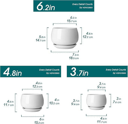vancasso 3-Pack Ceramic Plant Pots, 3.7/4.8/6.2 Inch Indoor Planters with Saucers & Drainage Hole Planter pots for Indoor Plants and Flower, White