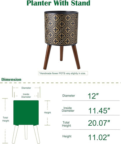 nacltlo12 Inch Plant with Stand Planter for Indoor Plants Large Modern Mid-Century Plant Pots Indoor Outdoor with Drainage for Home Garden Patio,Black and Gold