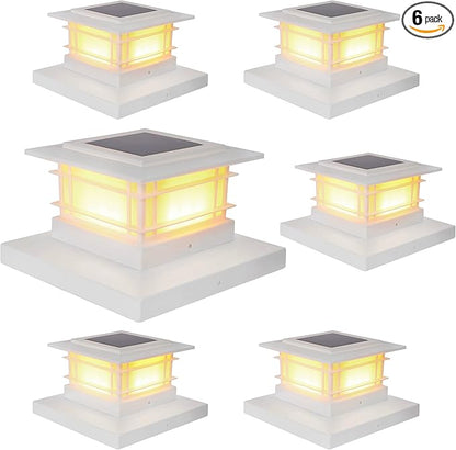 Dynaming 6 Pack Solar Post Cap Lights Outdoor, White Shell Fence Post Solar Lights Fit for 4x4 5x5 Vinyl/Wooden Posts, High Brightness Warm White SMD LED Lighting Decor for Garden Deck Patio