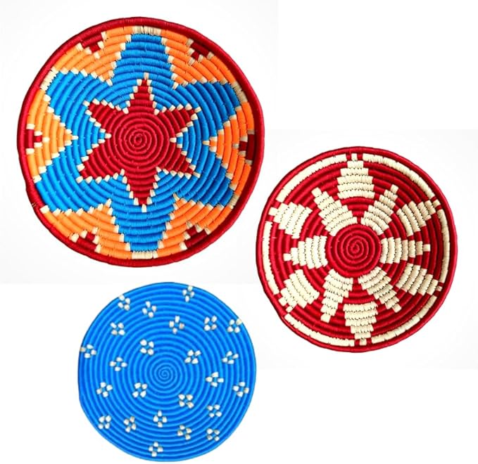 Bhumee Creations Rattan Trendy & Timeless: Sabai Grass Wall Basket - Handwoven Wall Art (Red Blue, Set of 3)