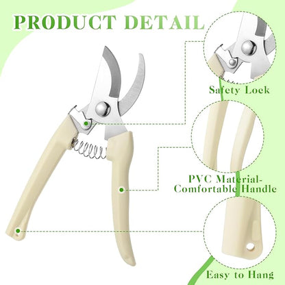 Therwen 12 Pcs Garden Shears Flower Scissors Pruning Shears Floral Garden Clippers Hand Pruners Branch Cutter Gardening Tools for Plants Cutting, Trimming, Fruits Picking (Beige,Bypass)