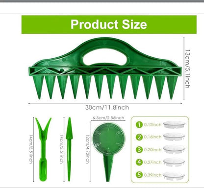 12-Hole Seed Planter Tool Kit – Adjustable 5-Speed Handheld Seed Spreader, Soil Punch & Spacer for Planting Small Seeds, ABS Gardening Tools (4-Piece Set: Digger, Rake, Planter, Transplanter)