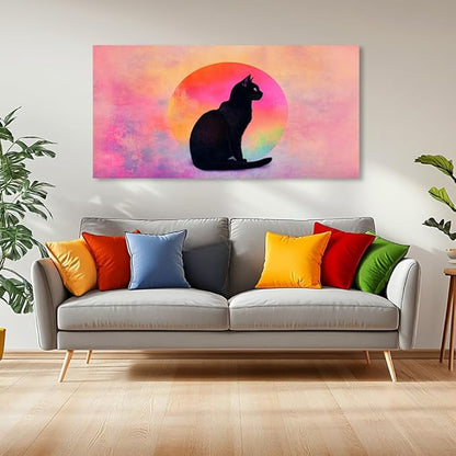Black Cat Canvas Wall Art - Pink & Purple Sunset Landscape Painting with Silhouette Cat, Cute Retro Cartoon Cat Poster Painting Abstract Animal Wall Décor for Living Room Kid's Girls Bedroom Nursery Ready to Hang 30L x 16W (24x48 Inches)