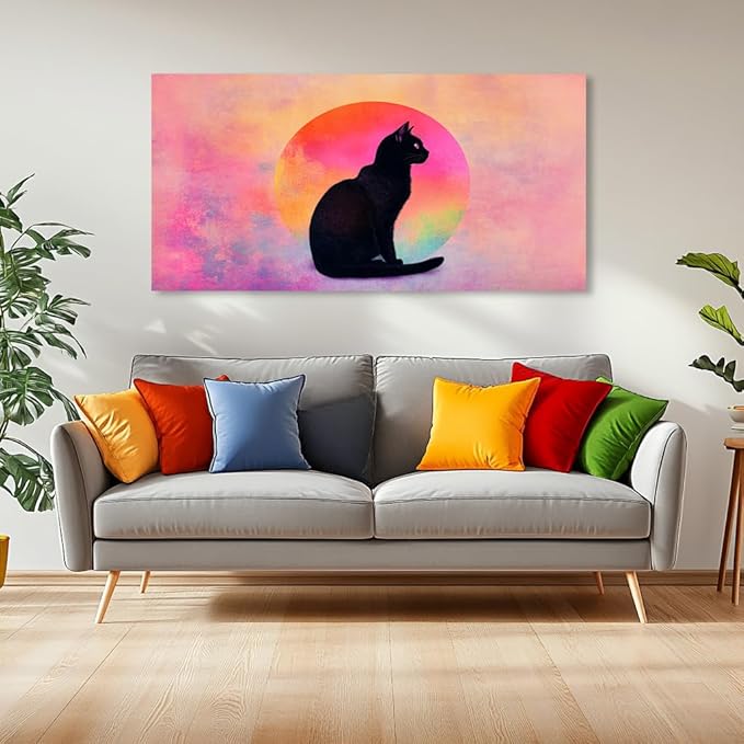 Black Cat Canvas Wall Art - Pink & Purple Sunset Landscape Painting with Silhouette Cat, Cute Retro Cartoon Cat Poster Painting Abstract Animal Wall Décor for Living Room Kid's Girls Bedroom Nursery Ready to Hang (16x32 Inches)