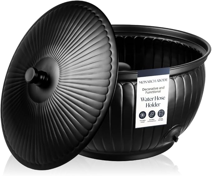 Monarch Abode Garden Hose Holder with Lid – Decorative Water Hose Holders for Outside, Arch Embossed Metal Matte Black Pot with Drainage, 100ft Waterhose Holder for Outside, Garden Storage Caddy