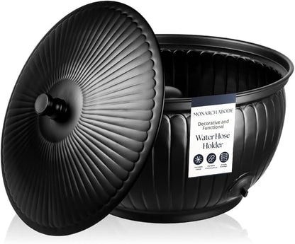 Monarch Abode Garden Hose Holder with Lid – Decorative Water Hose Holders for Outside, Arch Embossed Metal Matte Black Pot with Drainage, 100ft Waterhose Holder for Outside, Garden Storage Caddy
