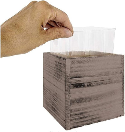 4" Square Rustic Wood Planters with Plastic Liner - Set of 2