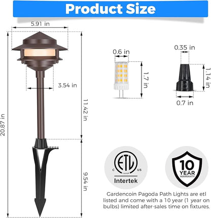 Gardencoin Pagoda Low Voltage Landscape Pathway Lights, 12V Outdoor LED Path Lights Wired, Aluminum Walkway Lighting with 4W 2700K Replaceable G4 Bulb, Bronze Classic 2-Tier Lantern, 6 Pack