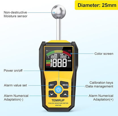 Moisture Meter, TEMIRUP Pinless Moisture Meter –Wood Moisture Detector for Walls, Drywall, Firewood & Concrete, Digital Moisture Tester with 3-Color LCD Display Reader, Audible Alarm & Hold Function