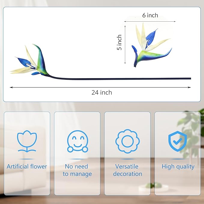 Hanaive 12 Pcs Bird of Paradise Artificial Plant 24 Inches Hawaiian Tropical Flowers Fake Rubber Strelitzia Faux Flowers Bouquet for Home Garden Office Wedding Indoor Outside Party Decor DIY (Blue)