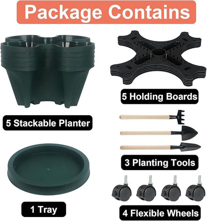 GameXcel Vertical Planter 5 Tier Stackable Planters Garden Planters Strawberry Herb Flower and Vegetable Planter Indoor Outdoor Gardening Pots with Removable Wheels and Tools 2-Pack