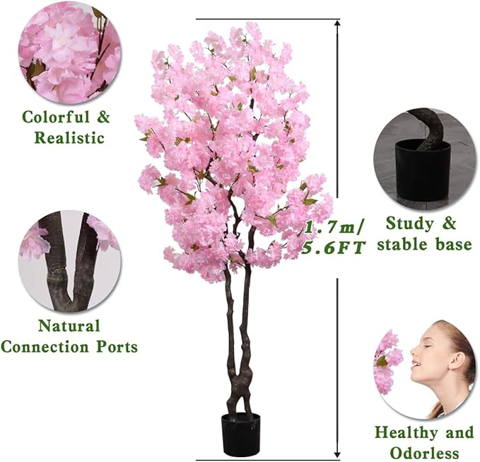 Pink Artificial Cherry Blossoms Tree Faux Cherry Blossom Tree Indoor Beautiful Trees for Home Christmas New Year Decor