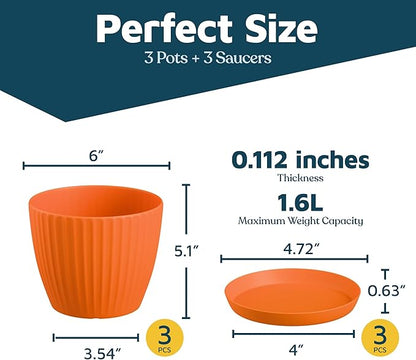 Yellow 6-Inch Plant Pots with Drainage & Saucers 3 Pack, Indoor & Outdoor Planters for Houseplants, Herbs, and Flowers, Durable & Weatherproof Material, Stackable, Lightweight, Minimalist Design