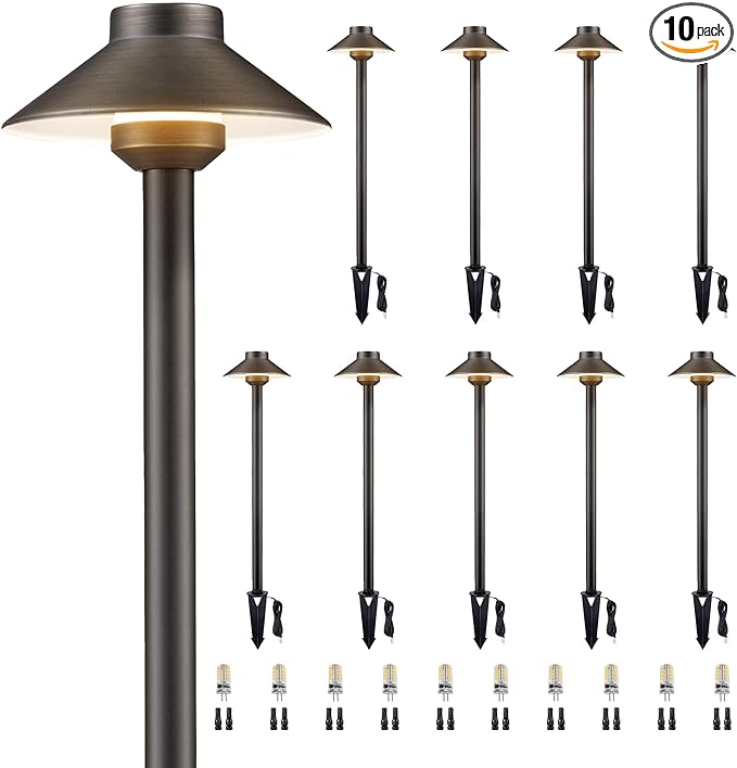 Gardenreet Brass Landscape Path Lights - 12V Low Voltage Pathway Light IP65 Waterproof, LED Outdoor Walkway Lighting Wired, Hat Bronze for Patio Lawn with 3W 2700K Warm White G4 Bulb (10 Pack)