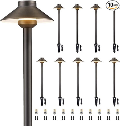 Gardenreet Brass Landscape Path Lights - 12V Low Voltage Pathway Light IP65 Waterproof, LED Outdoor Walkway Lighting Wired, Hat Bronze for Patio Lawn with 3W 2700K Warm White G4 Bulb (10 Pack)