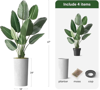 Artificial Tree in White Marble Effect Planter, Fake Bird of Paradise Silk Tree for Indoor and Outdoor Home Decoration - 67" Overall Tall (Plant Pot Plus Tree)