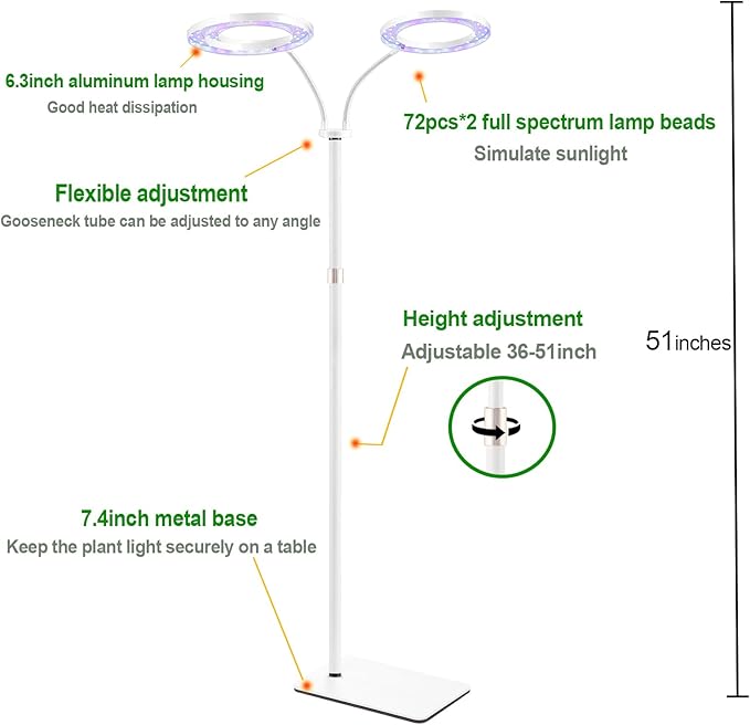 yadoker Desk Plant Grow Light for Indoor Plant, Dual-Head LED Grow Light,Height Adjustable,Automatic Timer with 8/12/16 Hours,10-Level Brightness,Ideal for Small Plant Grow