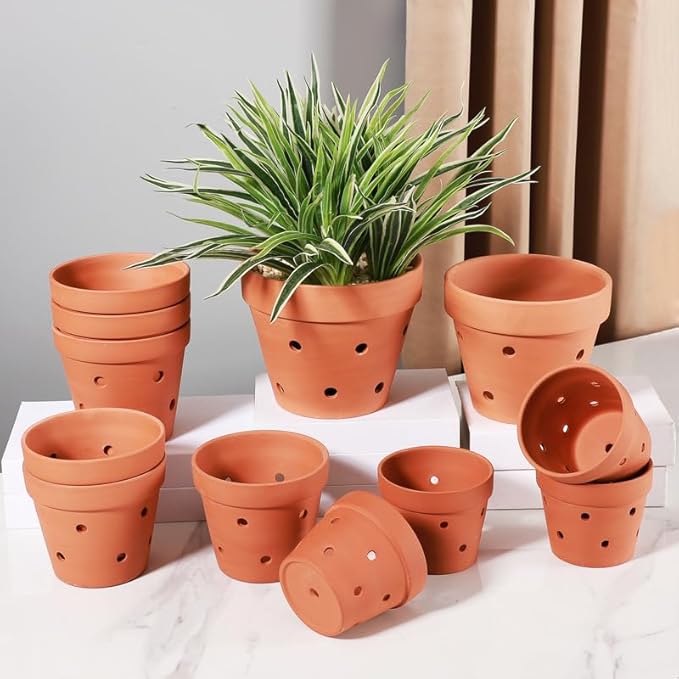 Yishang 4.6 Inches Terracotta Orchid Pots with Holes - Set of 8 Clay Orchid Planter Pots for Repotting, Small Flower Plant Pots for Orchid Indoor & Outdoor, Promotes Air Circulation