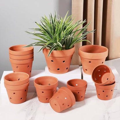 Yishang 4.6 Inches Terracotta Orchid Pots with Holes - Set of 8 Clay Orchid Planter Pots for Repotting, Small Flower Plant Pots for Orchid Indoor & Outdoor, Promotes Air Circulation