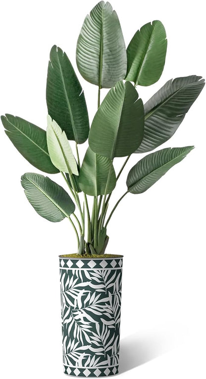 Artificial Tree in Green and White Jungle Pattern Planter, Fake Bird of Paradise Silk Tree for Indoor and Outdoor Home Decoration - 67" Overall Tall (Plant Pot Plus Tree)