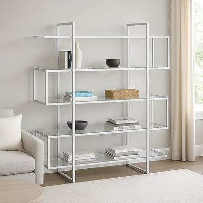 CARTESIAN Stellar Modern Glass Bookshelf, 5-Tier Open Display Case, 59" Wide x 63" High, Chrome Frame with Clear Tempered Glass Shelves